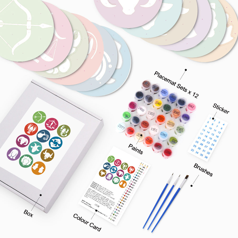 12Pcs Cartoon Constellation Logo Placemats Paint by Numbers