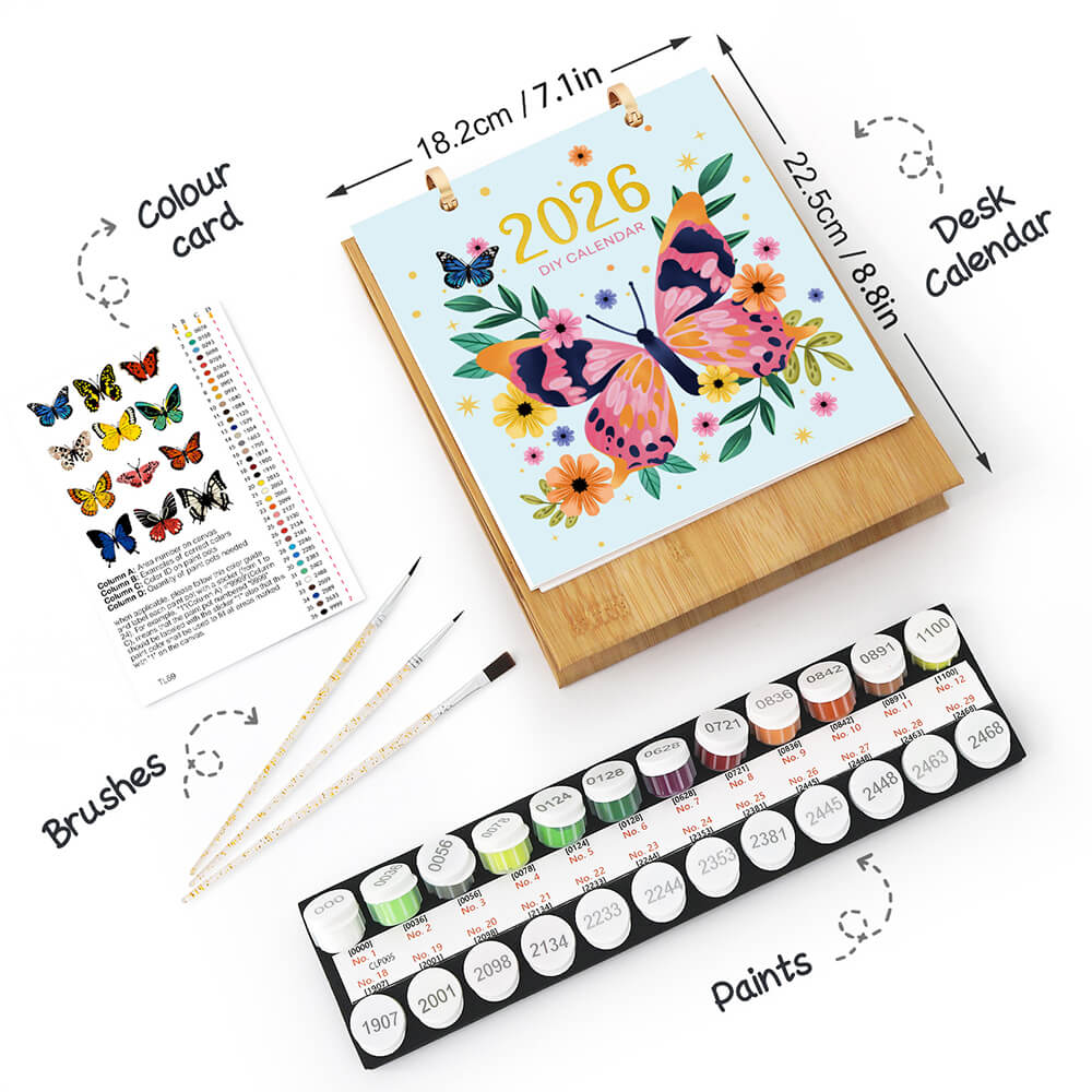 2026 Desk Calendar Paint by Numbers | Colorful Butterfly Specimens