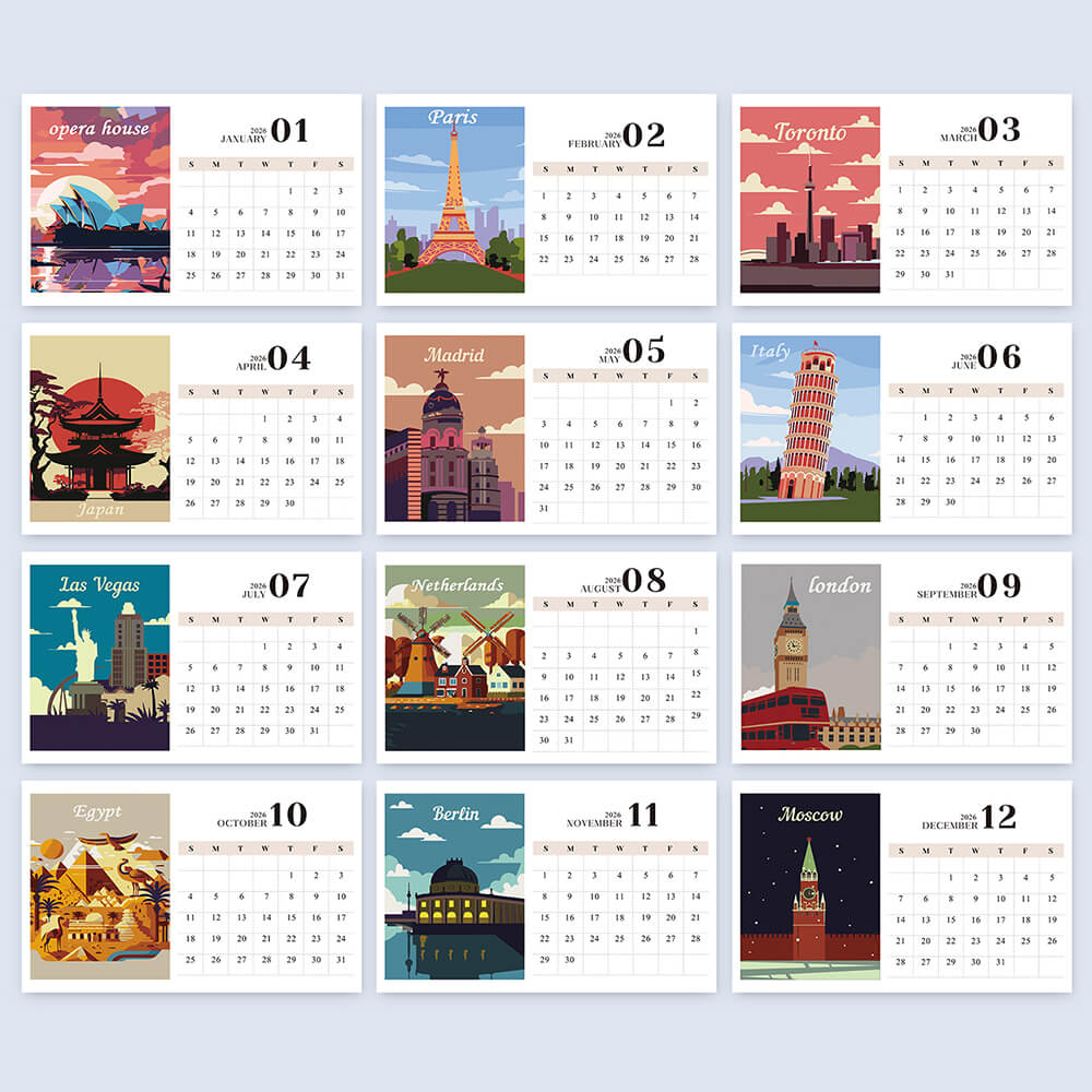 2026 Wall Calendar Paint by Numbers | Famous City Landmarks
