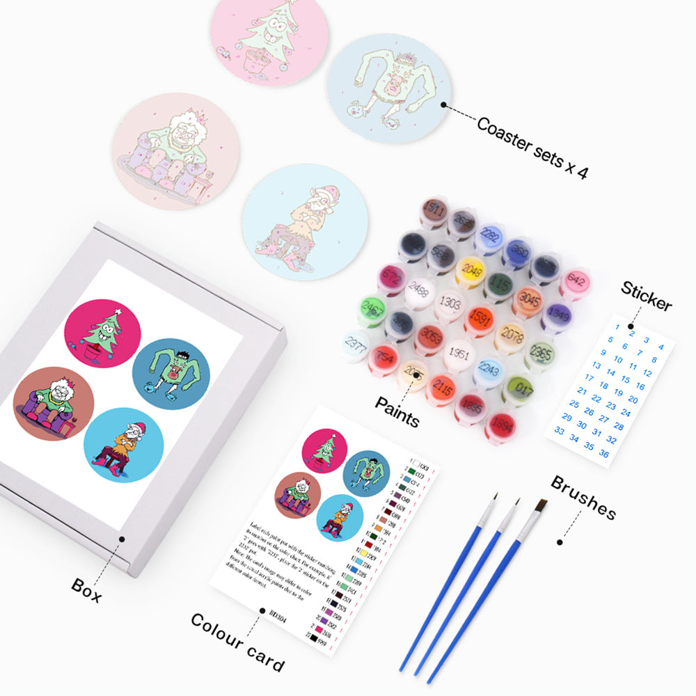 4Pcs Cartoon Christmas Character Coasters Paint by Numbers