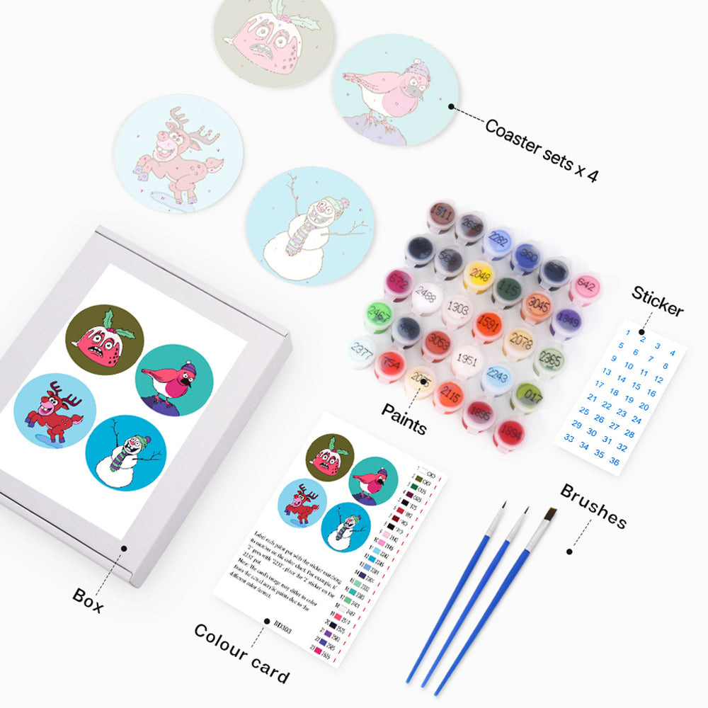 4Pcs Christmas Animal Coasters Paint by Numbers