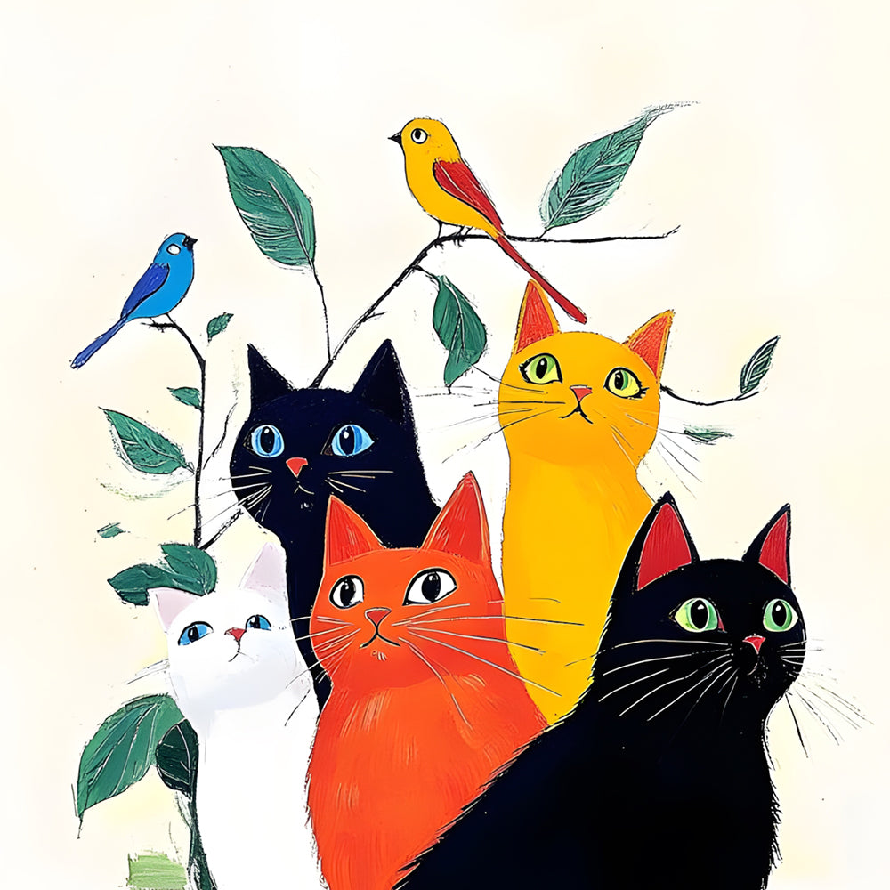 5 Colorful Cats Looking Around Paint by Numbers