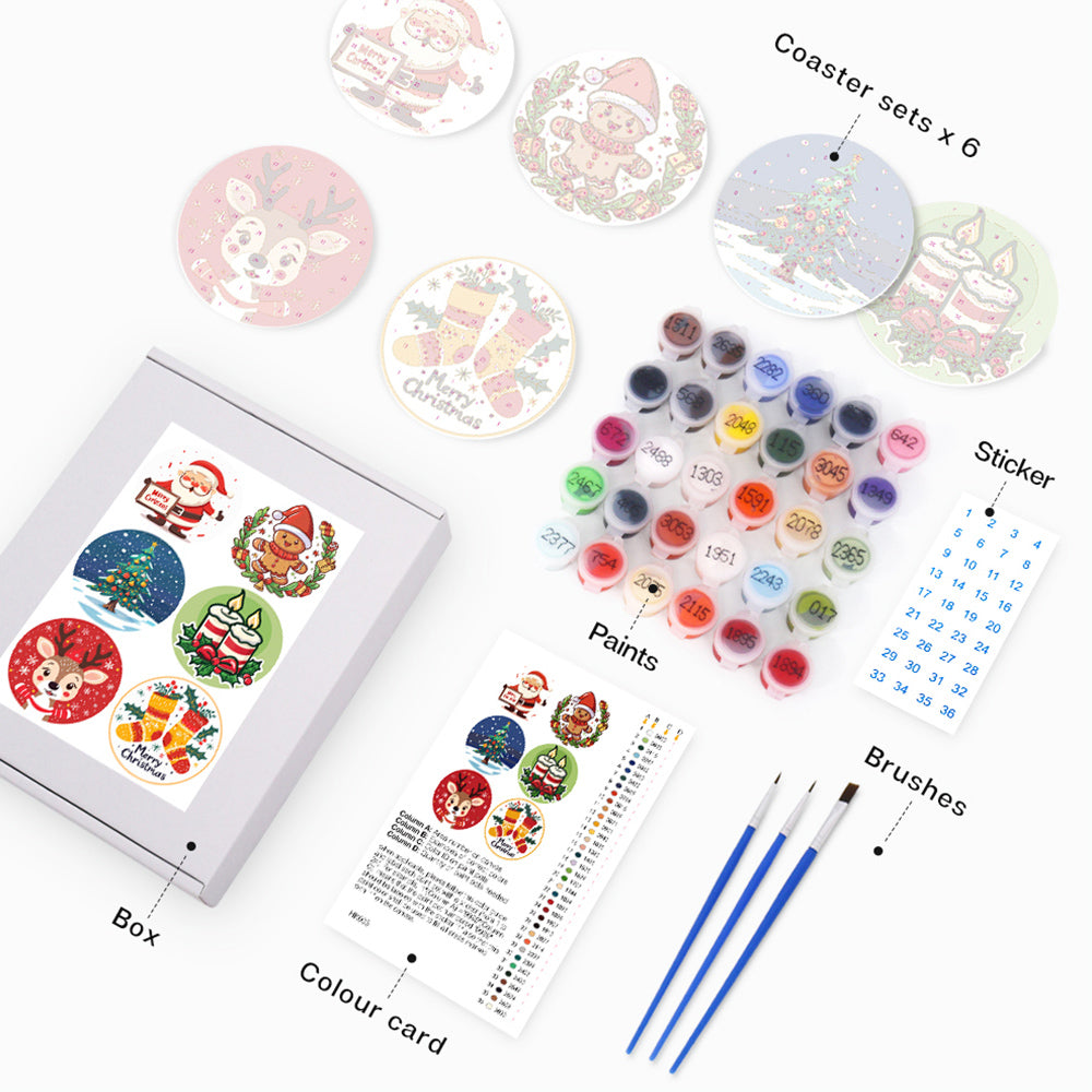 6Pcs Cartoon Christmas Coasters Paint by Numbers