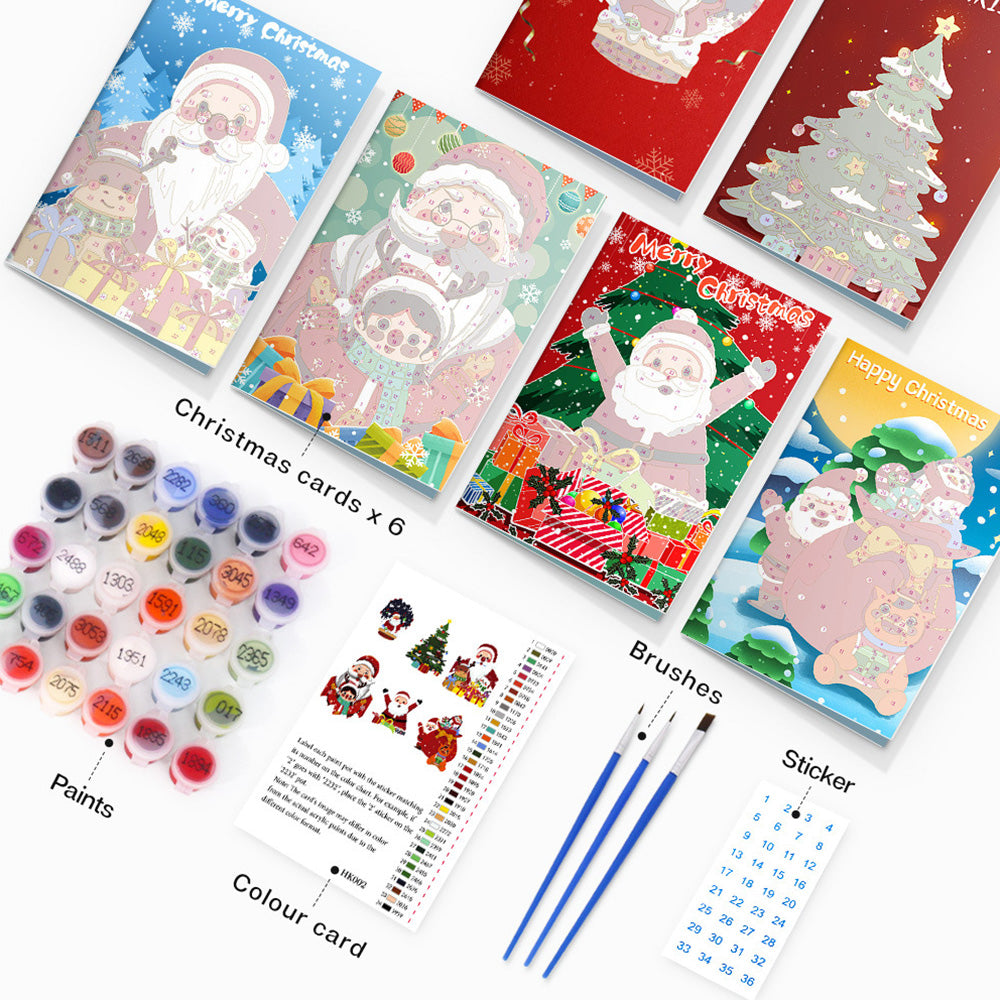 6Pcs Christmas Cards Paint by Numbers | Santa Claus and Christmas Tree
