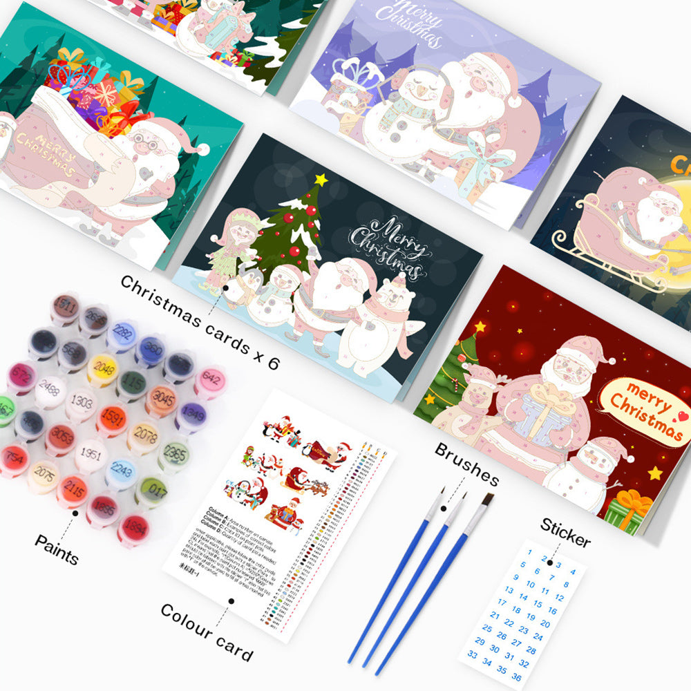 6Pcs Christmas Cards Paint by Numbers | Santa Claus and Snowman