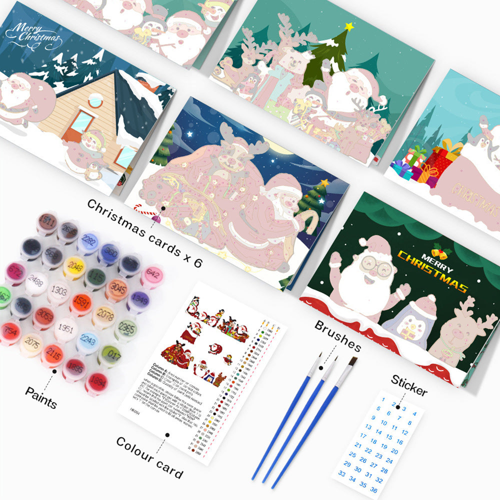 6Pcs Christmas Cards Paint by Numbers | Santa Claus, Penguin and Reindeer