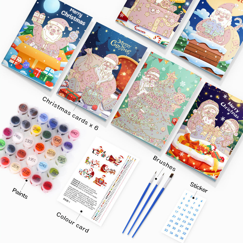 6Pcs Christmas Cards Paint by Numbers | Santa Claus's Gift Package