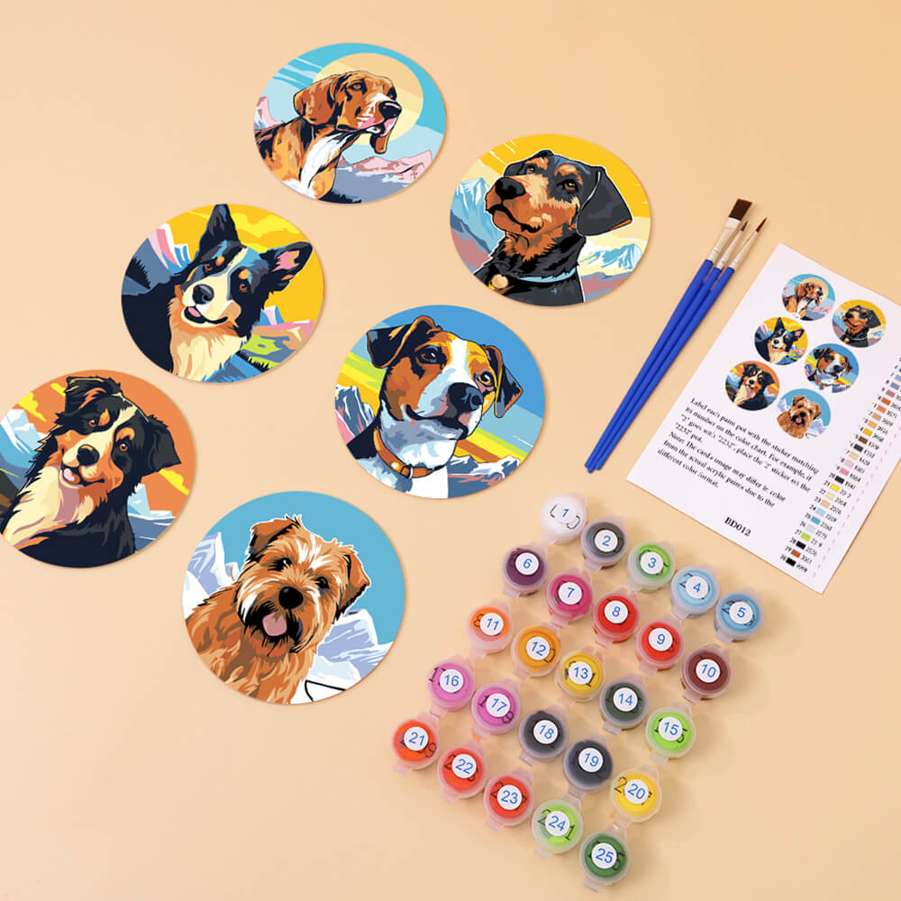 6Pcs Dogs and Mountains Coasters Paint by Numbers