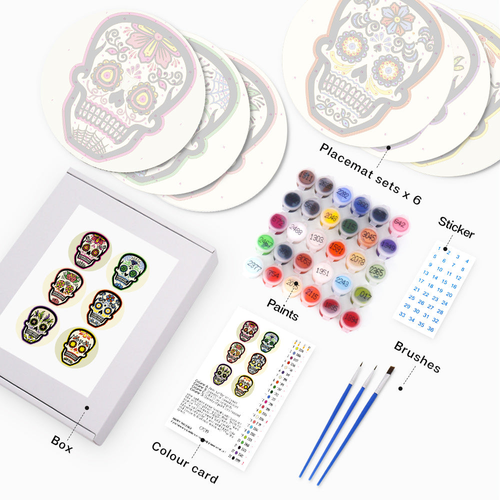 6Pcs Flower Skull Placemats Paint by Numbers