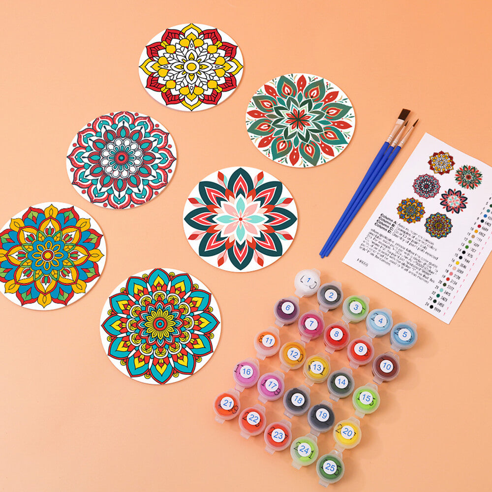 6Pcs Lotus-Shaped Mandala Coasters Paint by Numbers