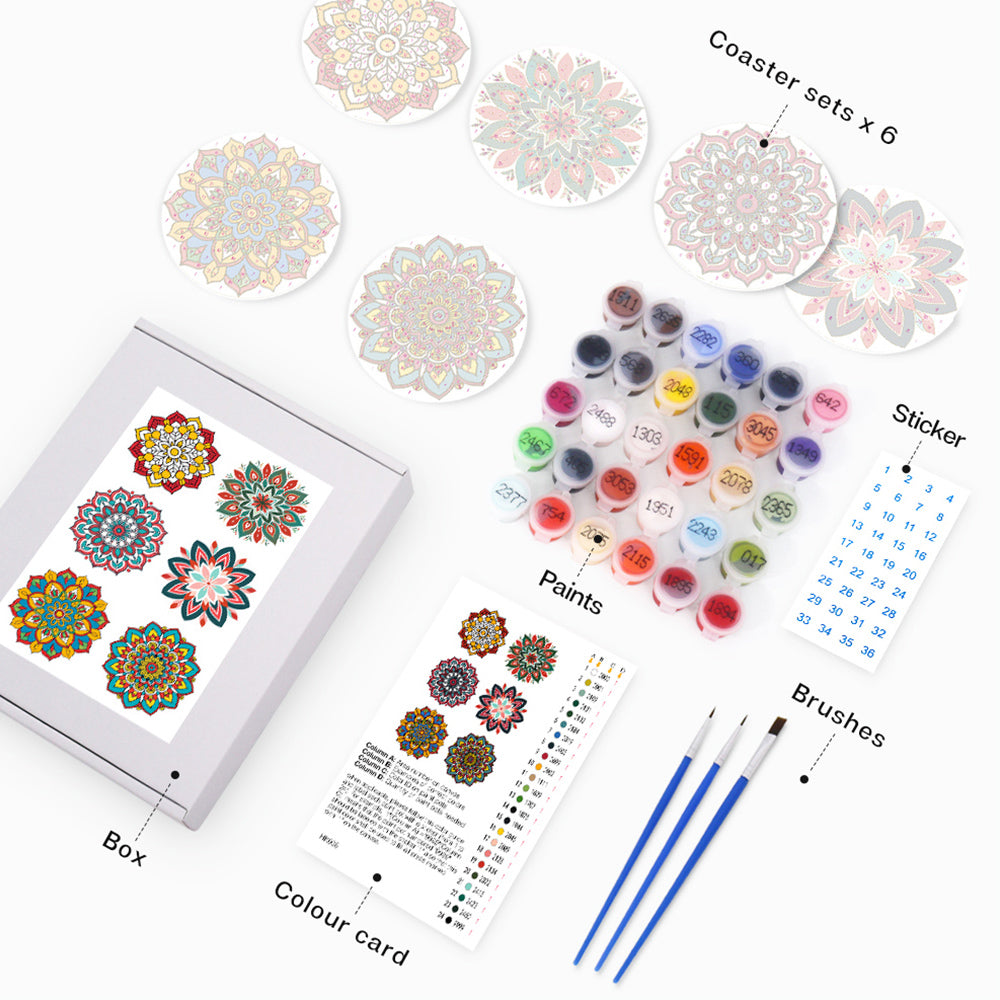 6Pcs Lotus-Shaped Mandala Coasters Paint by Numbers