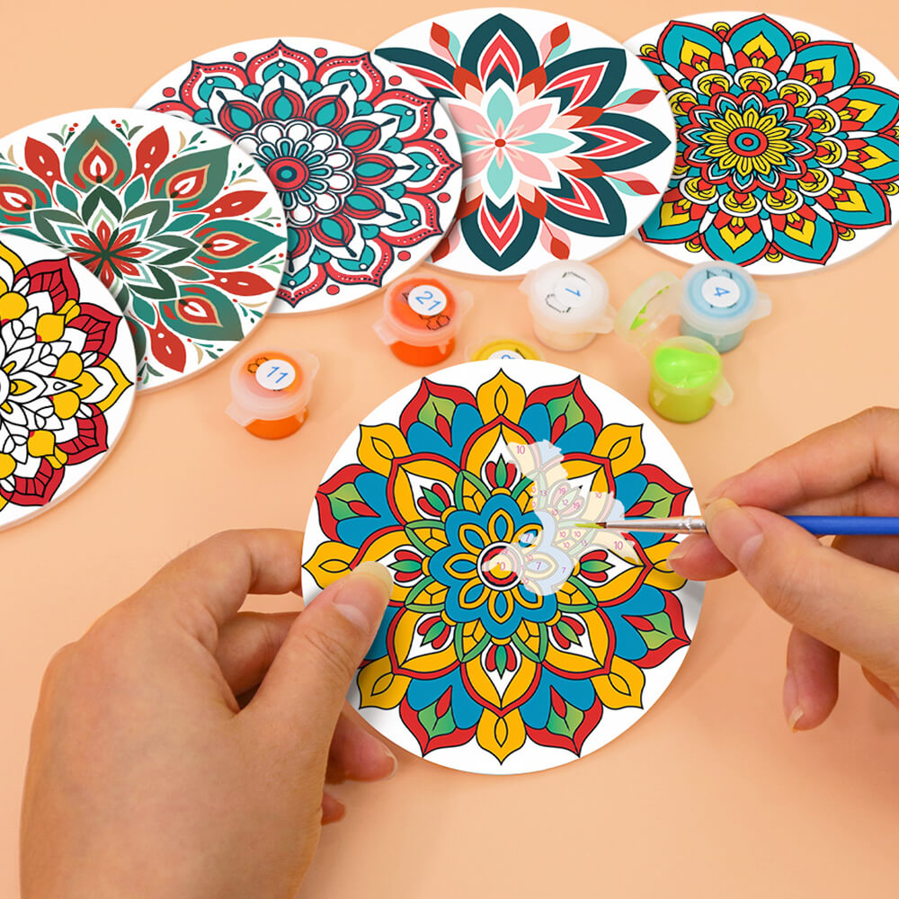 6Pcs Lotus-Shaped Mandala Coasters Paint by Numbers
