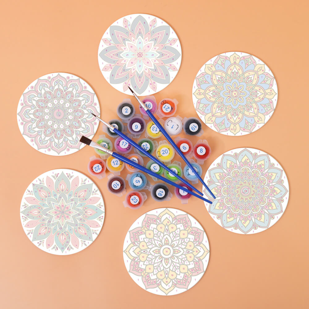 6Pcs Lotus-Shaped Mandala Coasters Paint by Numbers