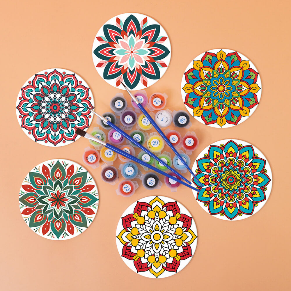 6Pcs Lotus-Shaped Mandala Coasters Paint by Numbers