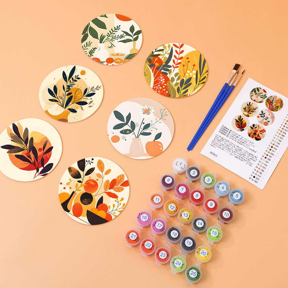 6Pcs Potted Autumn Leaves Coasters Paint by Numbers