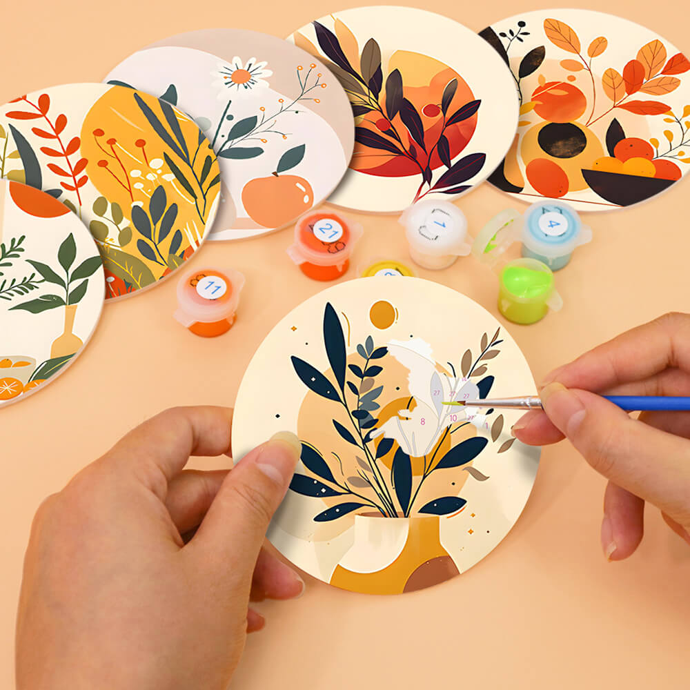 6Pcs Potted Autumn Leaves Coasters Paint by Numbers