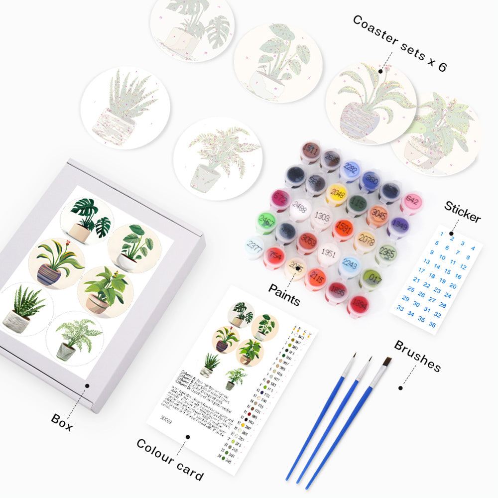 6Pcs Potted Tropical Plants Coasters Paint by Numbers