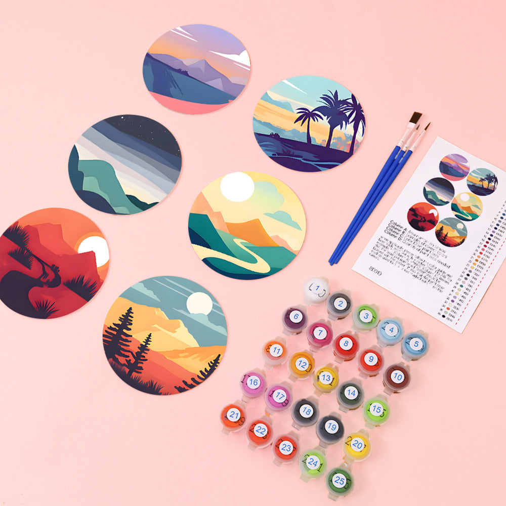 6Pcs Sunrise Mountain Coasters Paint by Numbers
