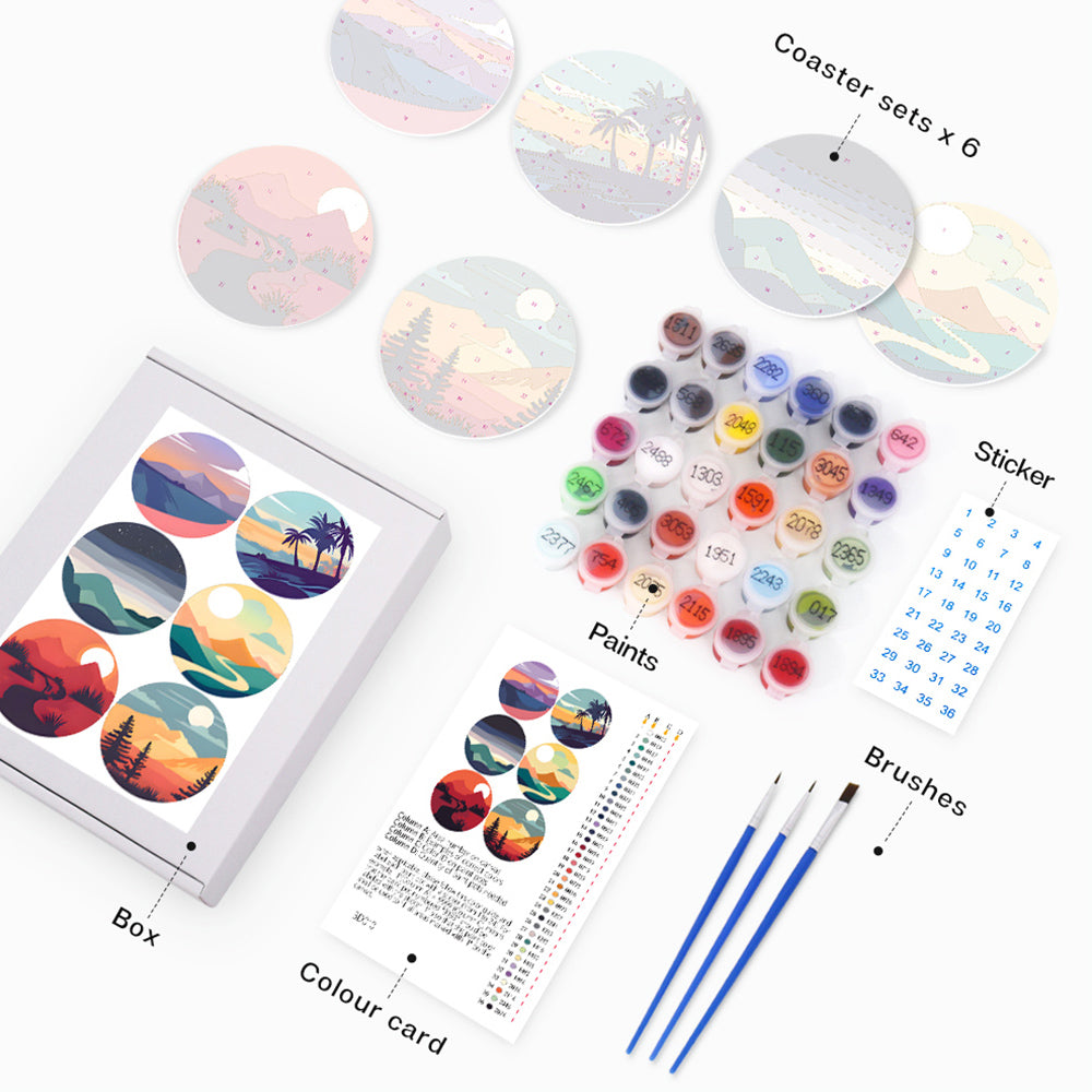 6Pcs Sunrise Mountain Coasters Paint by Numbers