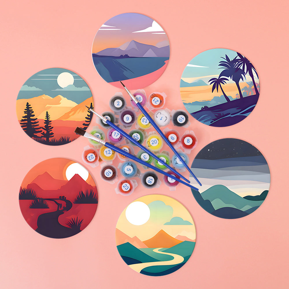 6Pcs Sunrise Mountain Coasters Paint by Numbers