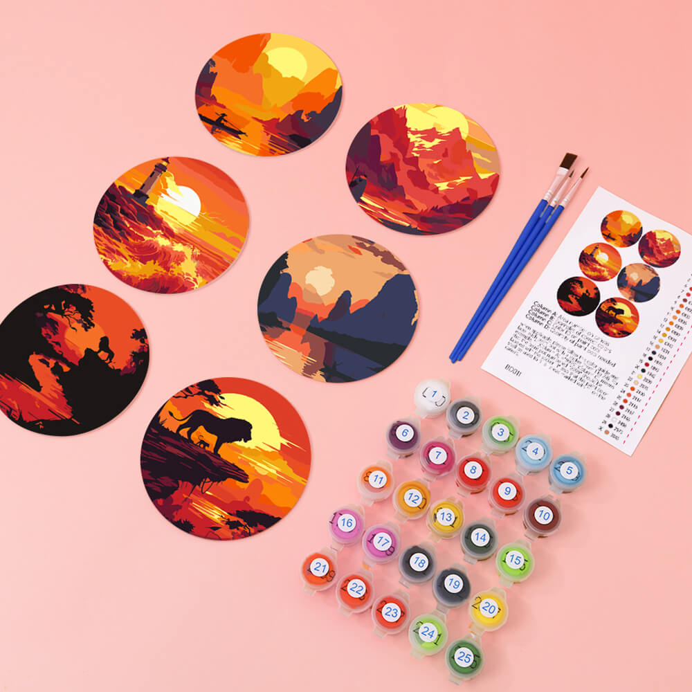6Pcs Sunset Mountains and Lighthouse Coasters Paint by Numbers