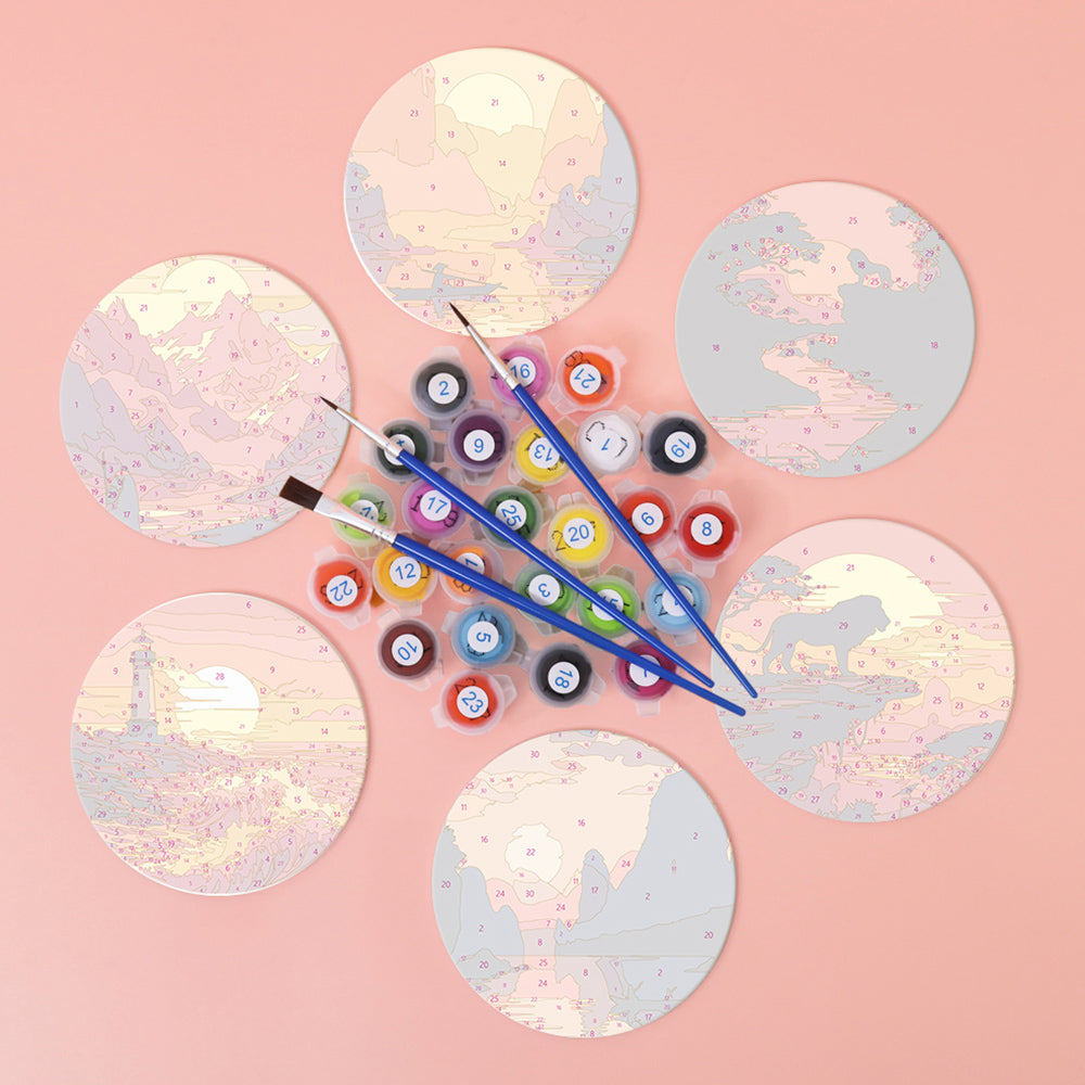 6Pcs Sunset Mountains and Lighthouse Coasters Paint by Numbers