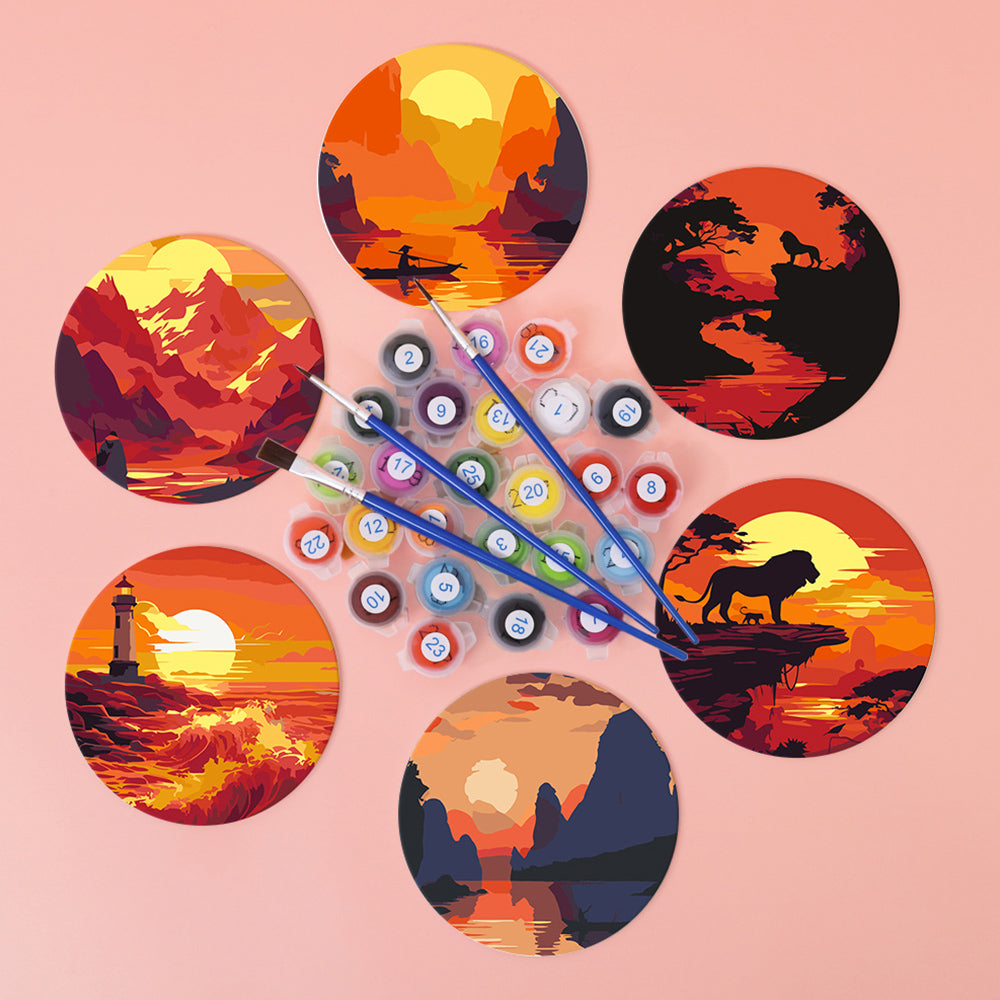 6Pcs Sunset Mountains and Lighthouse Coasters Paint by Numbers