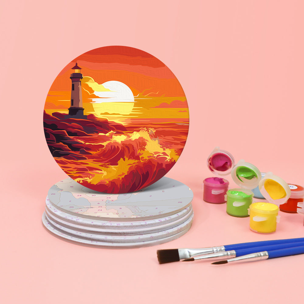 6Pcs Sunset Mountains and Lighthouse Coasters Paint by Numbers