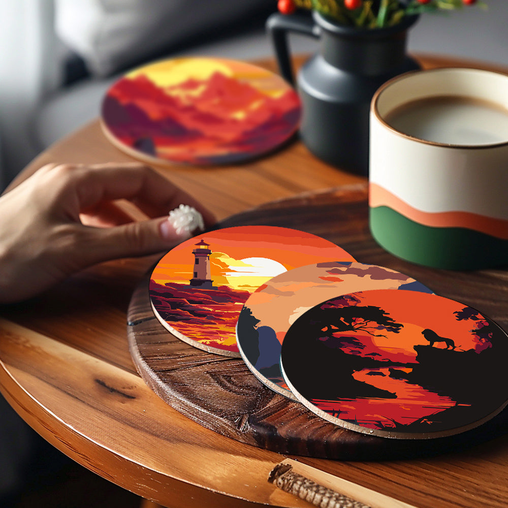 6Pcs Sunset Mountains and Lighthouse Coasters Paint by Numbers