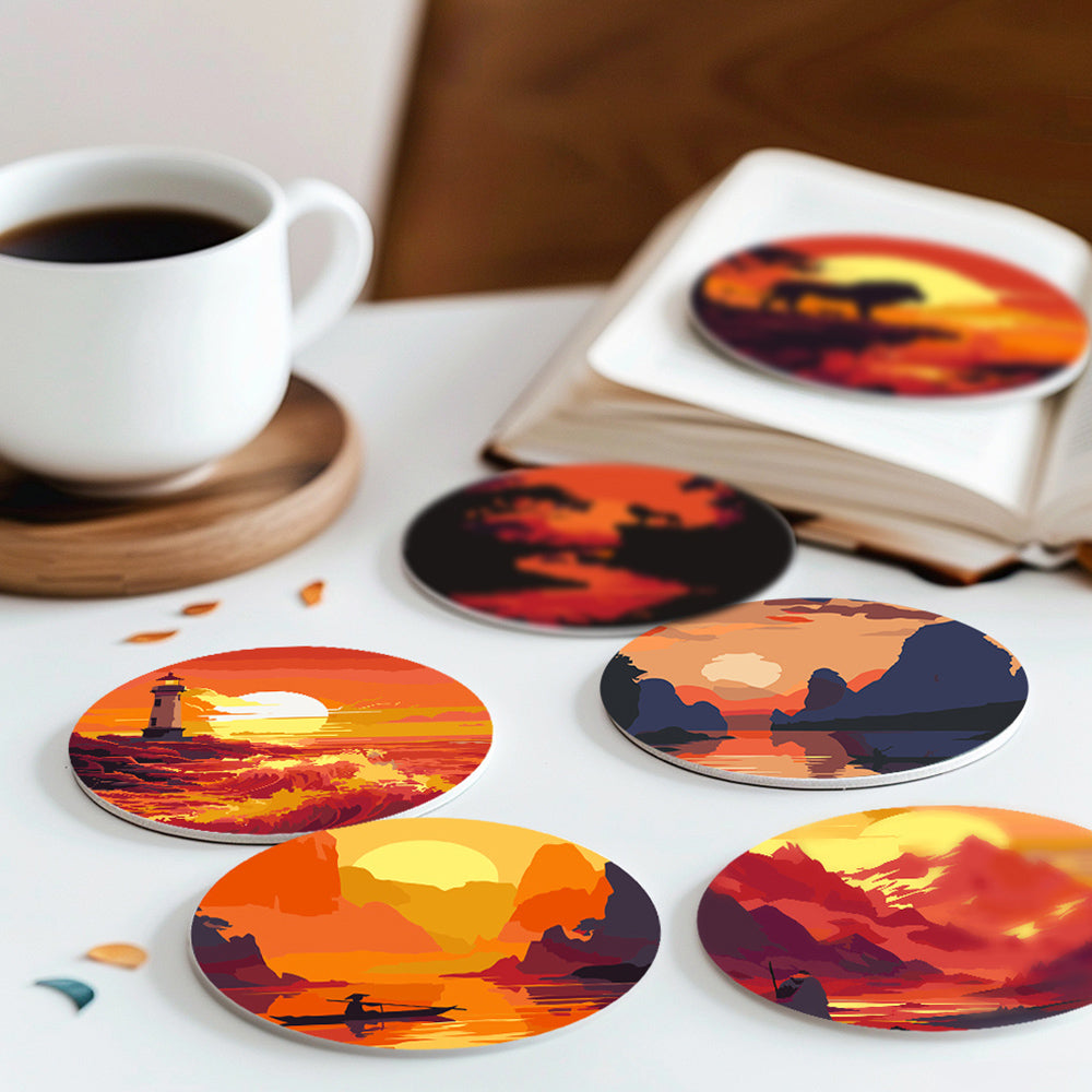 6Pcs Sunset Mountains and Lighthouse Coasters Paint by Numbers