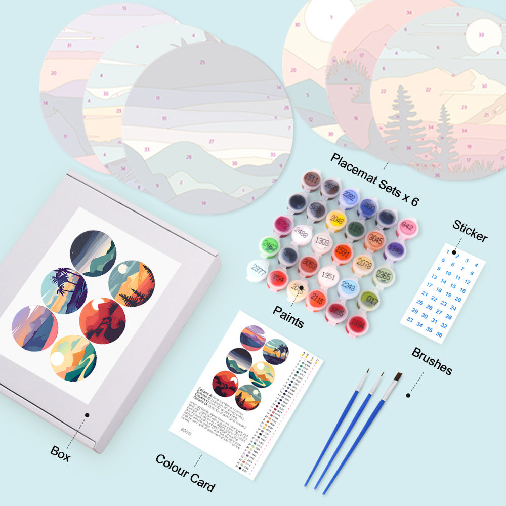 6Pcs Sunset Mountains Placemats Paint by Numbers
