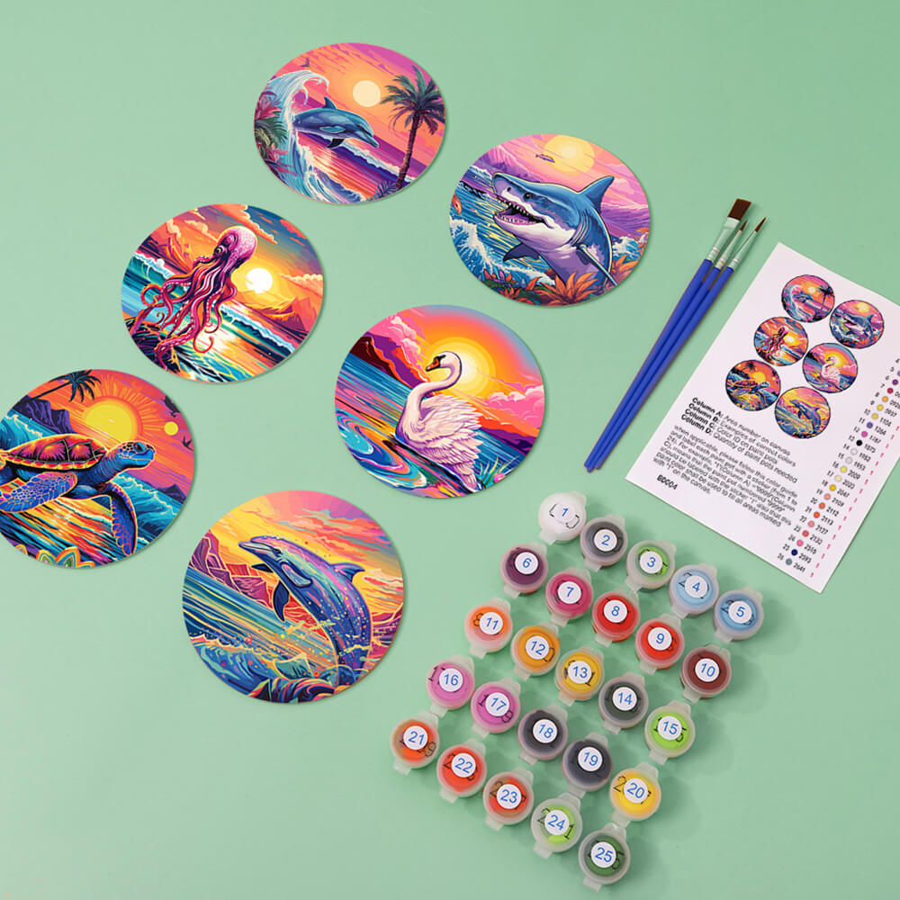 6Pcs Sunset Ocean Animals Coasters Paint by Numbers