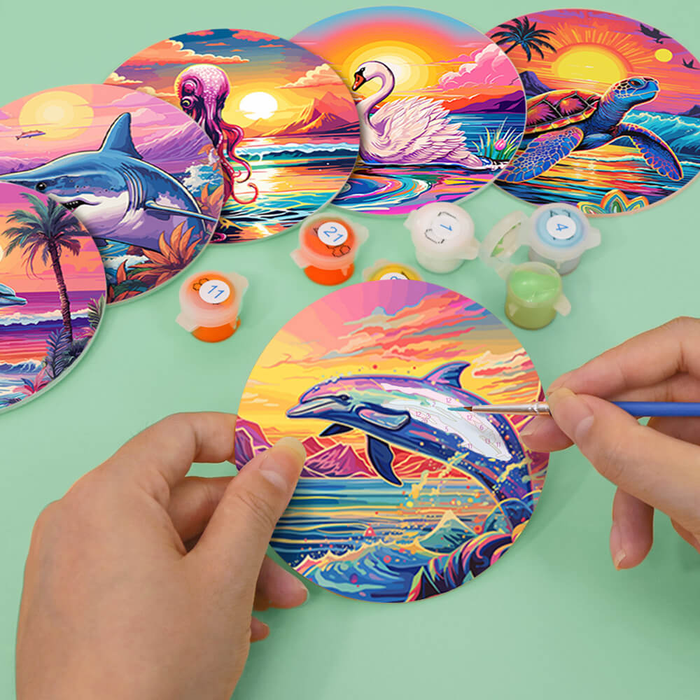 6Pcs Sunset Ocean Animals Coasters Paint by Numbers