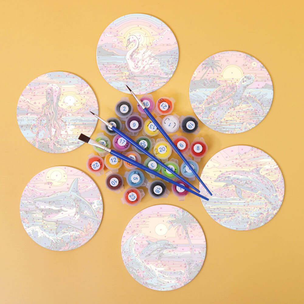 6Pcs Sunset Ocean Animals Coasters Paint by Numbers