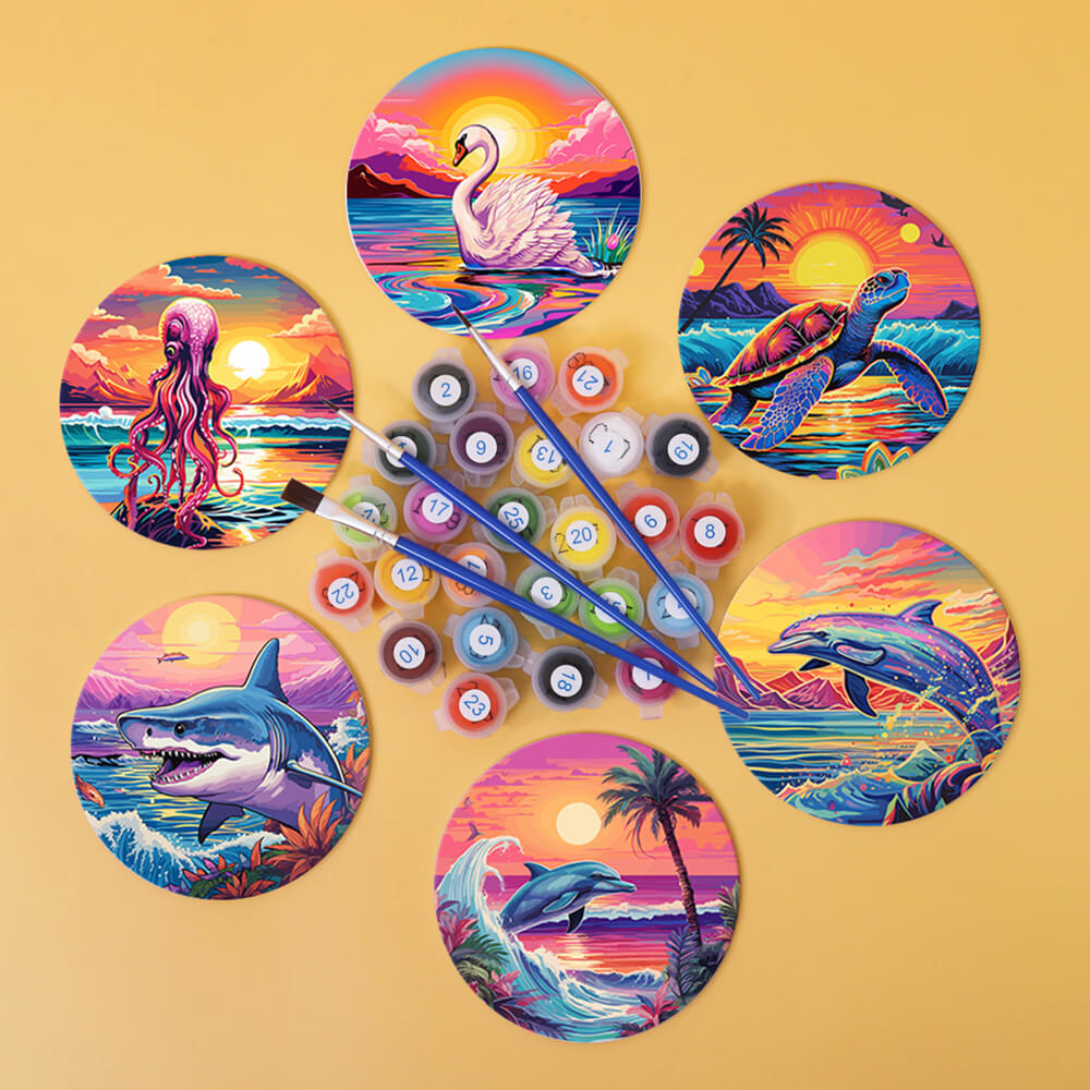6Pcs Sunset Ocean Animals Coasters Paint by Numbers