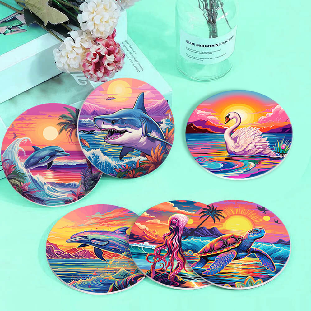 6Pcs Sunset Ocean Animals Coasters Paint by Numbers