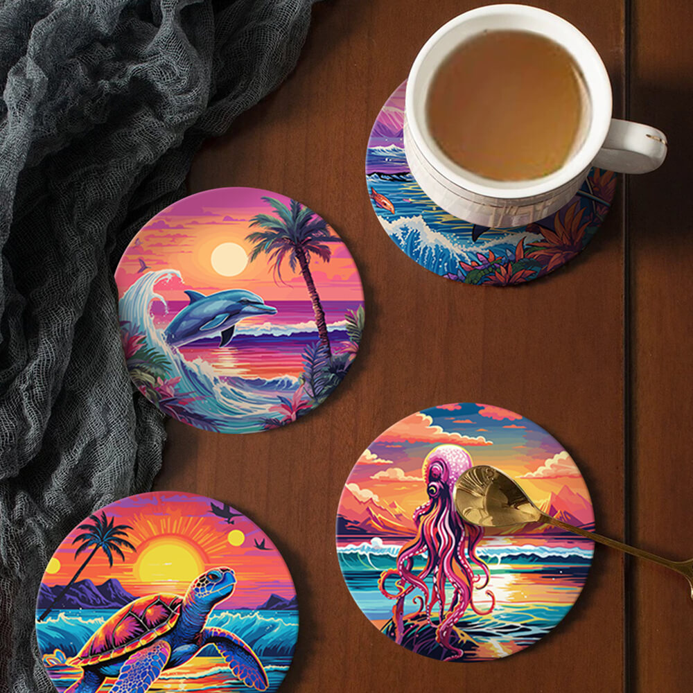 6Pcs Sunset Ocean Animals Coasters Paint by Numbers