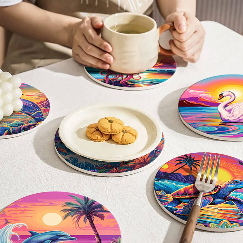 6Pcs Sunset Ocean Animals Coasters Paint by Numbers