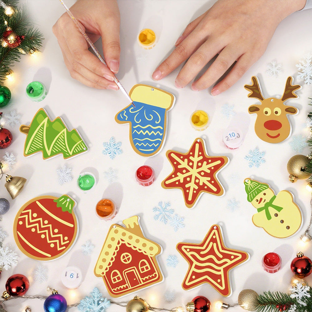 8Pcs Christmas Ornament Paint by Numbers | House and Stars Set