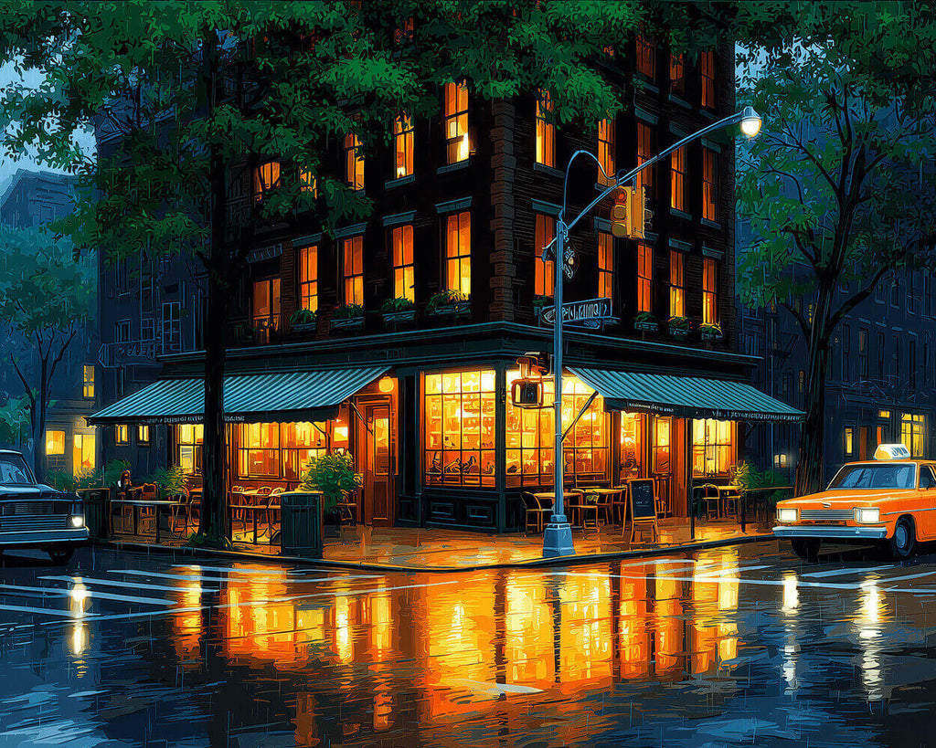 A Brightly Lit Street Corner Bookstore in the Night Rain Paint by Numbers