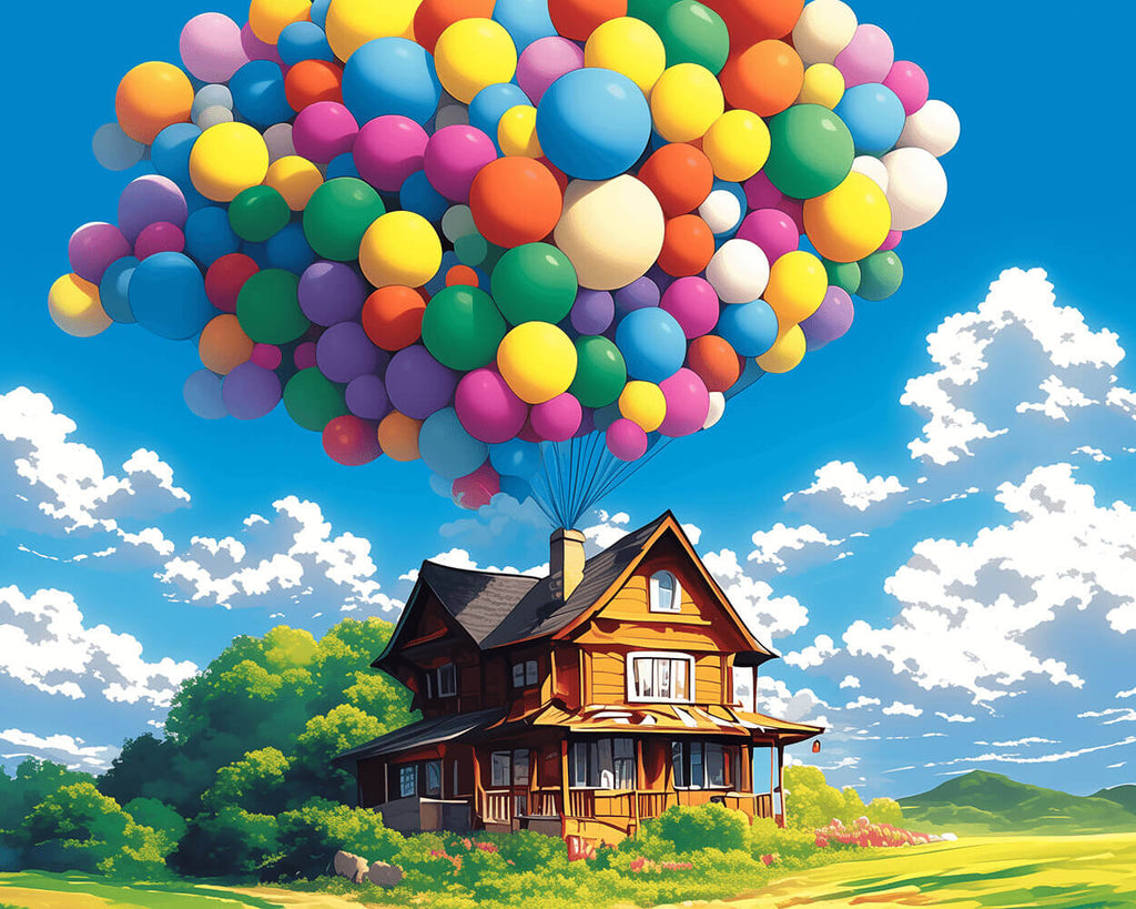 A Cabin with Colorful Balloons on the Grassland Paint by Numbers