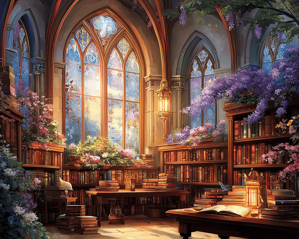 A Gorgeous Vintage Bookstore filled with Wisteria Flowers Paint by Numbers