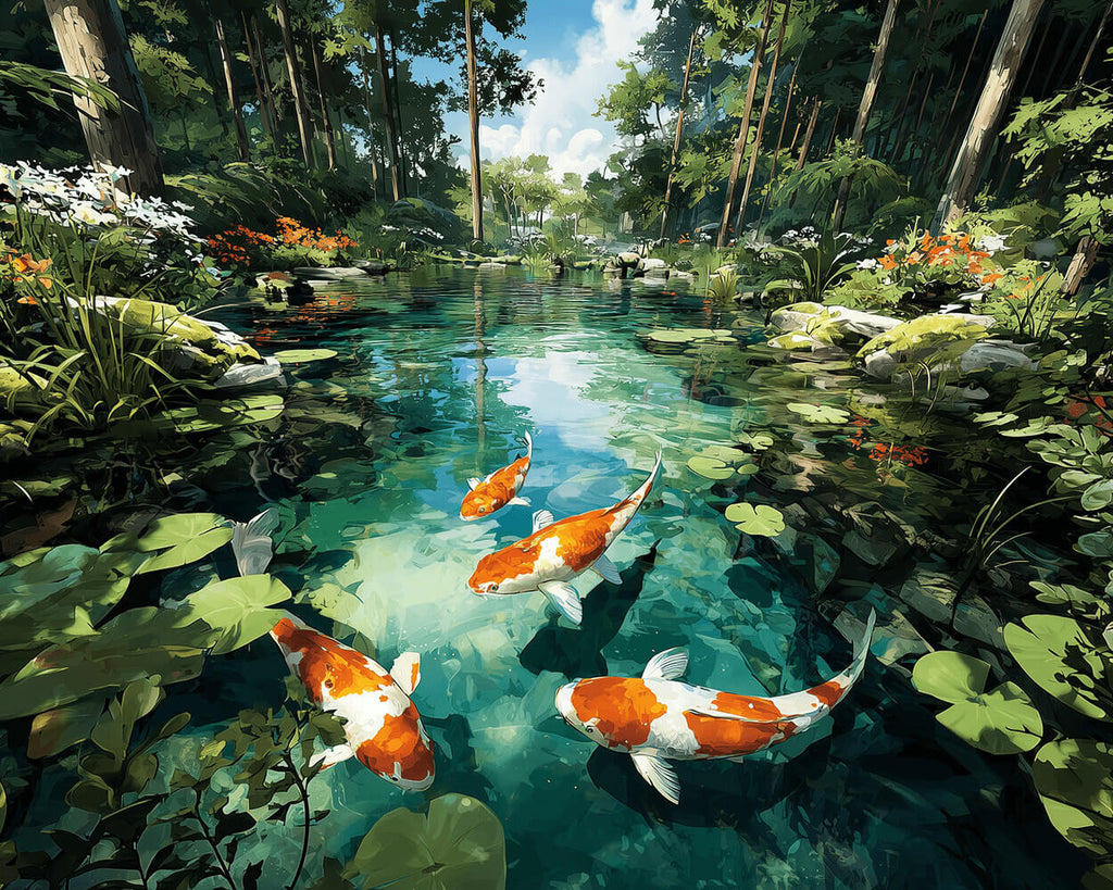 A Group of Koi in a Forest Pond Paint by Numbers