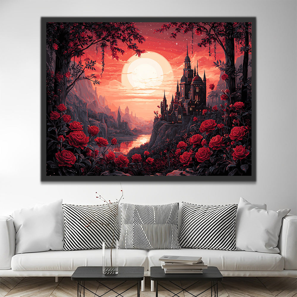 A Mountain Castle filled with Red Roses Paint by Numbers