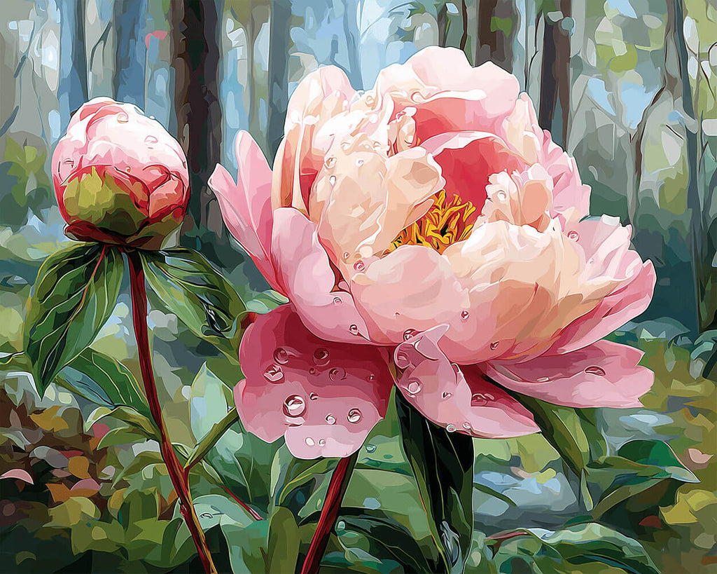 A Pink Peony and Flower Bud in the Forest Paint by Numbers