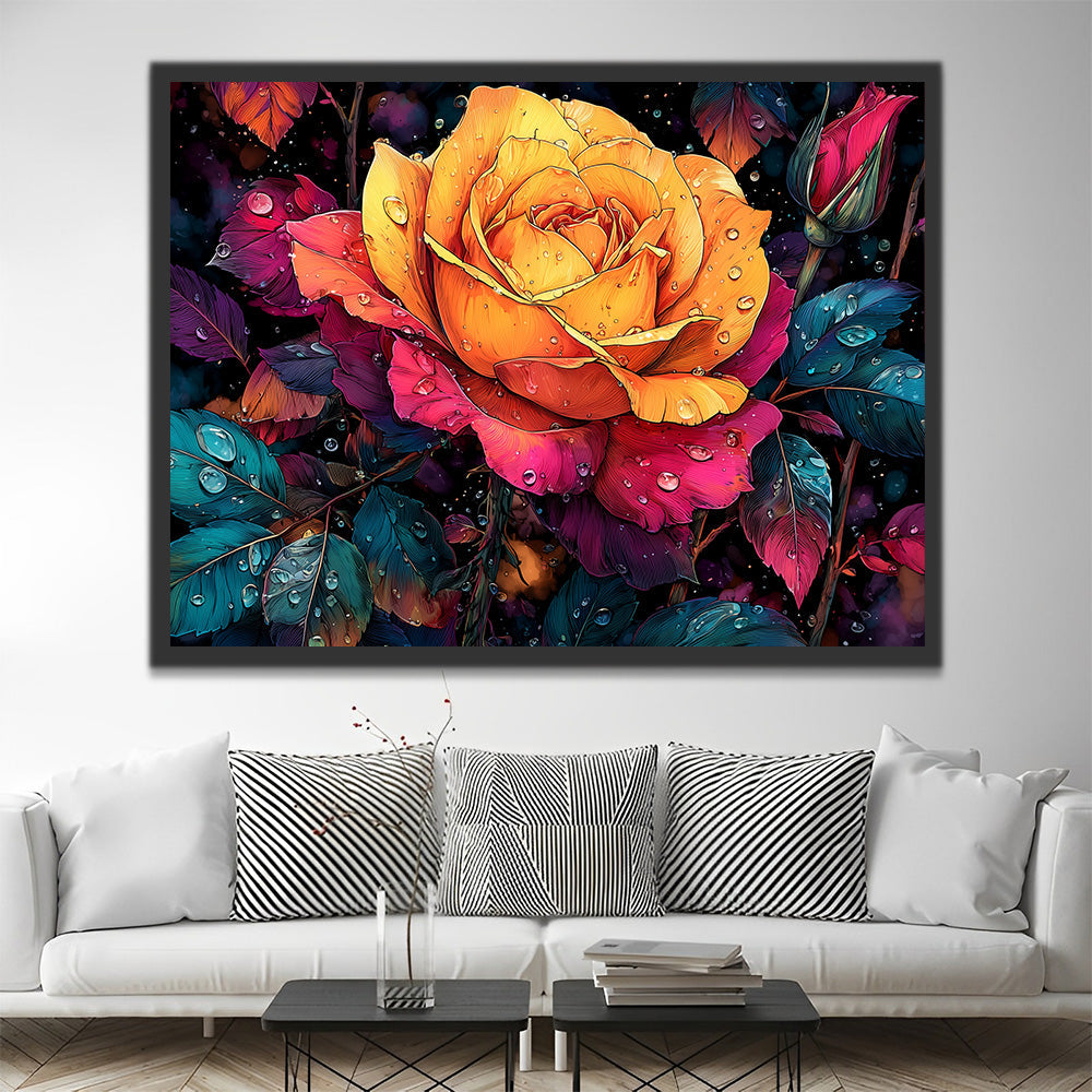 A Red and Orange Rose with Dew Drops Paint by Numbers
