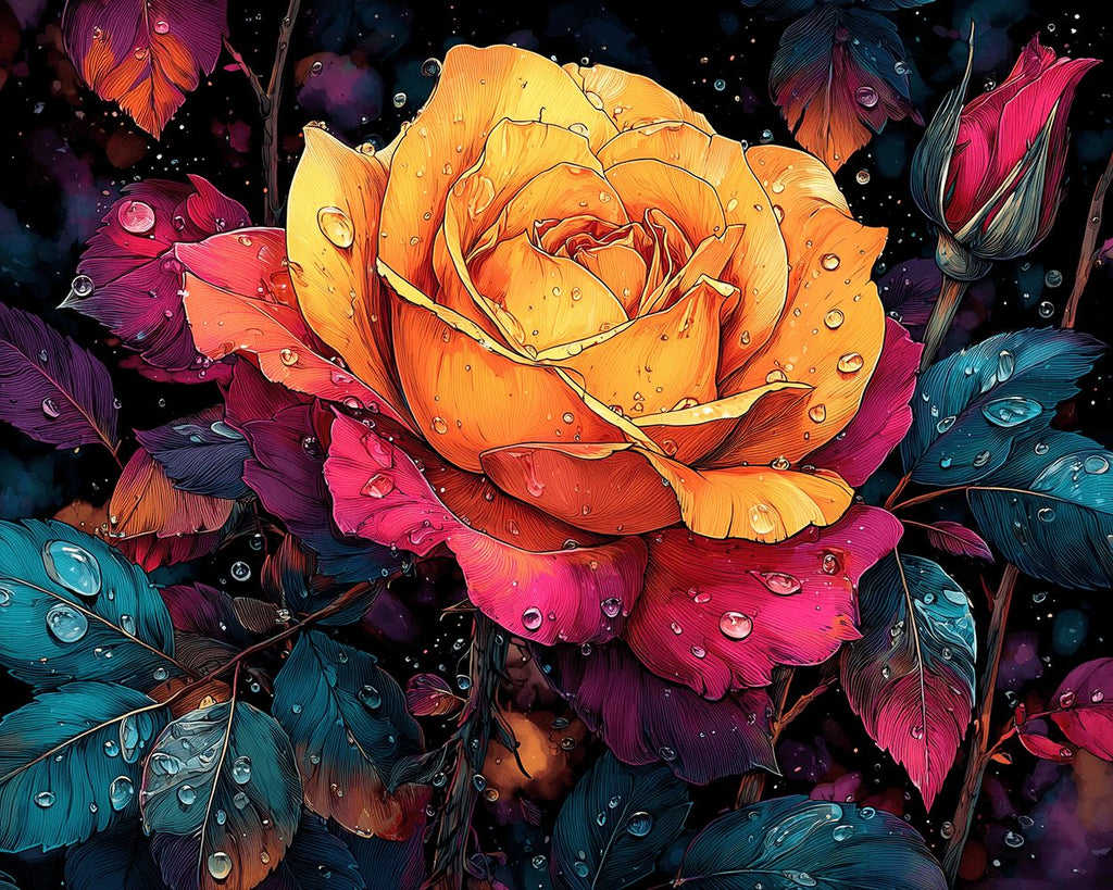 A Red and Orange Rose with Dew Drops Paint by Numbers
