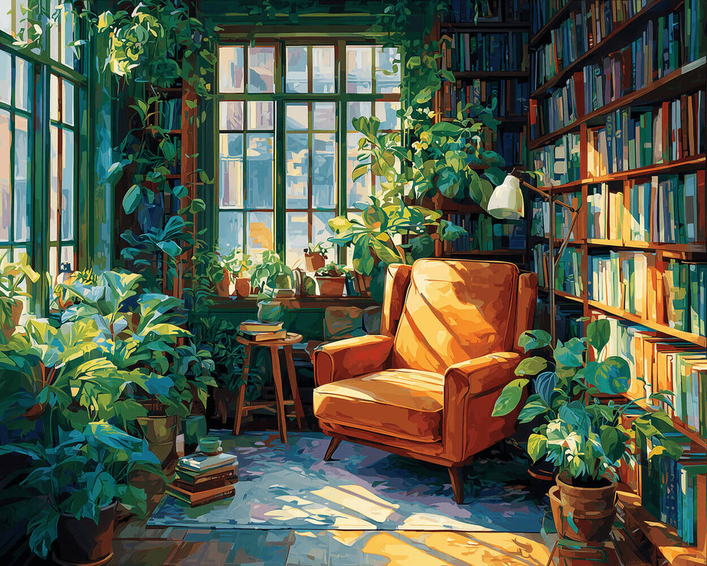A Study Room filled with Green Plants and Books Paint by Numbers