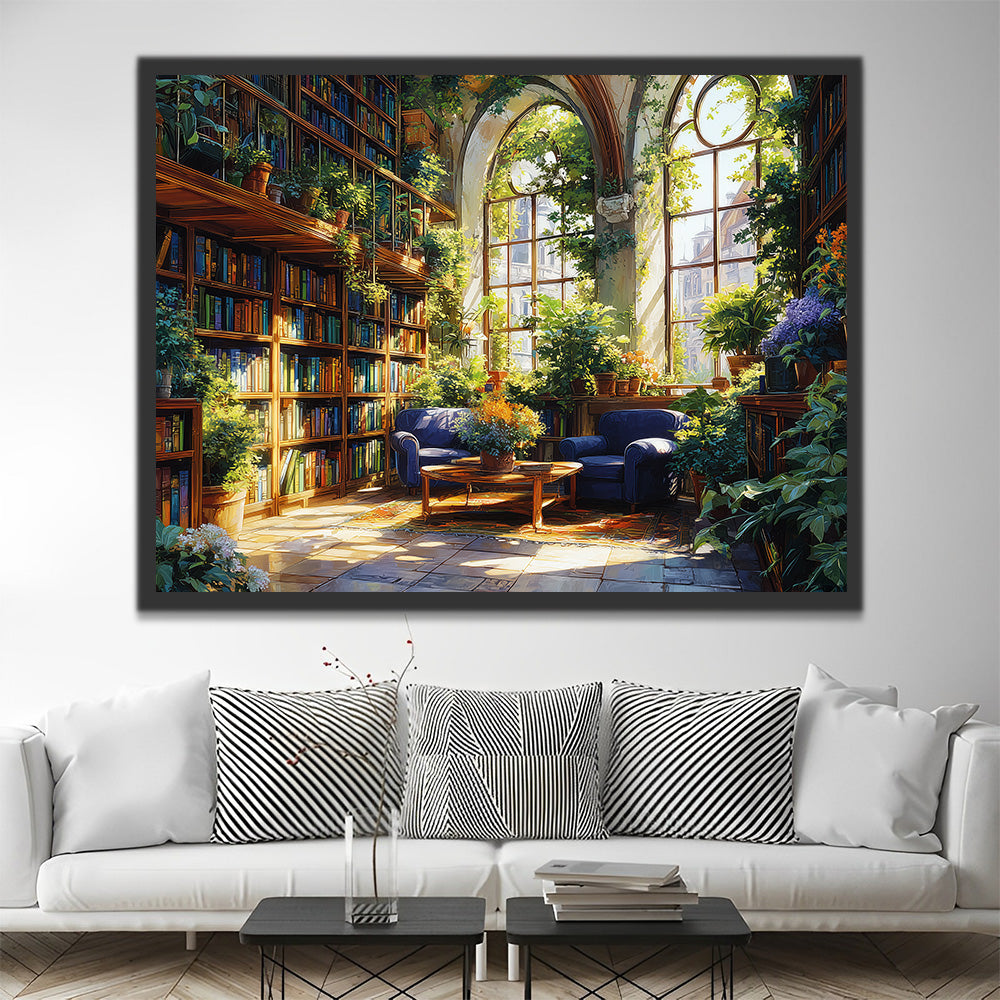 A Study Room filled with Green Plants and Bookshelves Paint by Numbers
