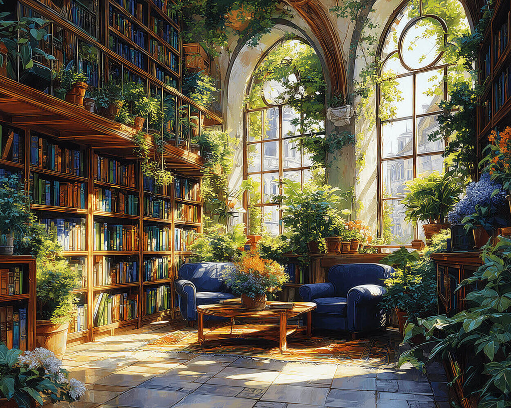 A Study Room filled with Green Plants and Bookshelves Paint by Numbers